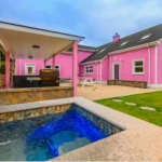 Image of Lily's Pink house from the plunge pool showing the outdoor area attached to the house