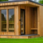 An image of the sauna at Lily's Pink House close up showing the detail on the wood construction, the bench inside, and the hot coals.