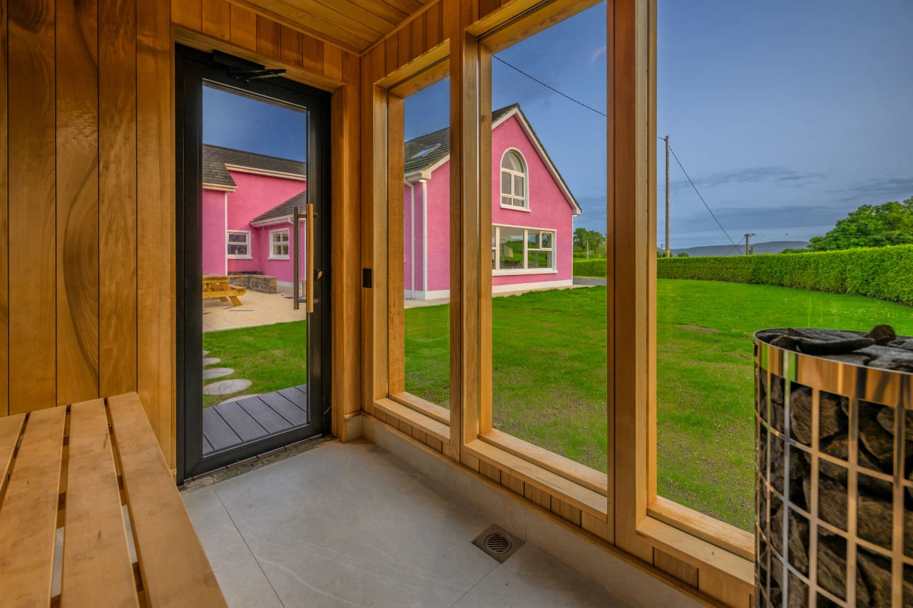 Image of Lily's Pink House from inside the sauna