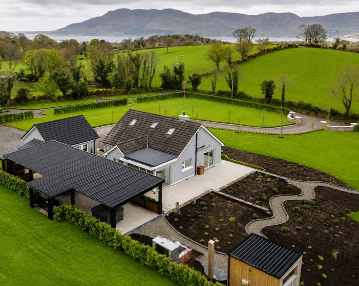 An aerial view of Rosie's House and the land surrounding it.